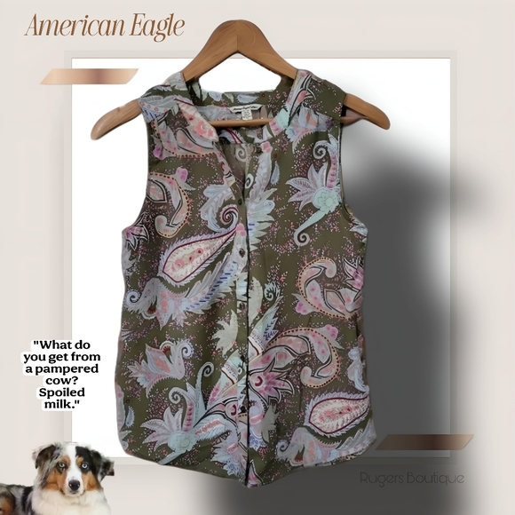 🌿American Eagle Outfitters Women's XS Sleeve Button Down Paisley Blouse - Picture 11 of 12